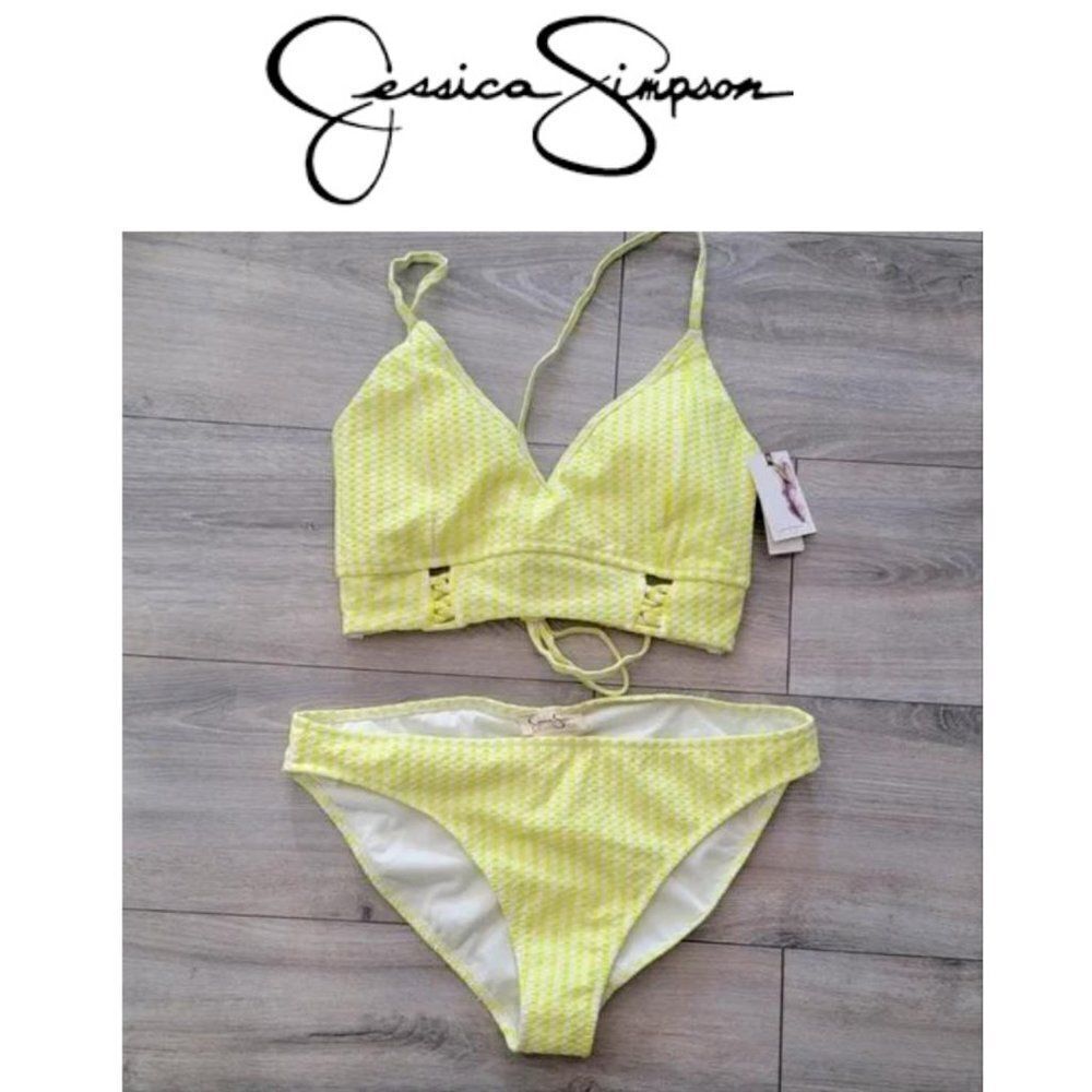 NWT!! JESSICA SIMPSON TEXTURED NEON YELLOW/WHITE STRIPE BIKINI SET sz XLARGE